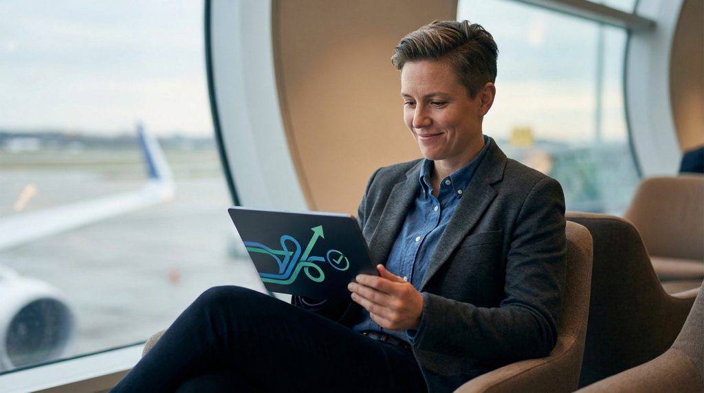 Une voyageuse souriante consulte une tablette dans un aéroport, avec un avion visible en arrière-plan.