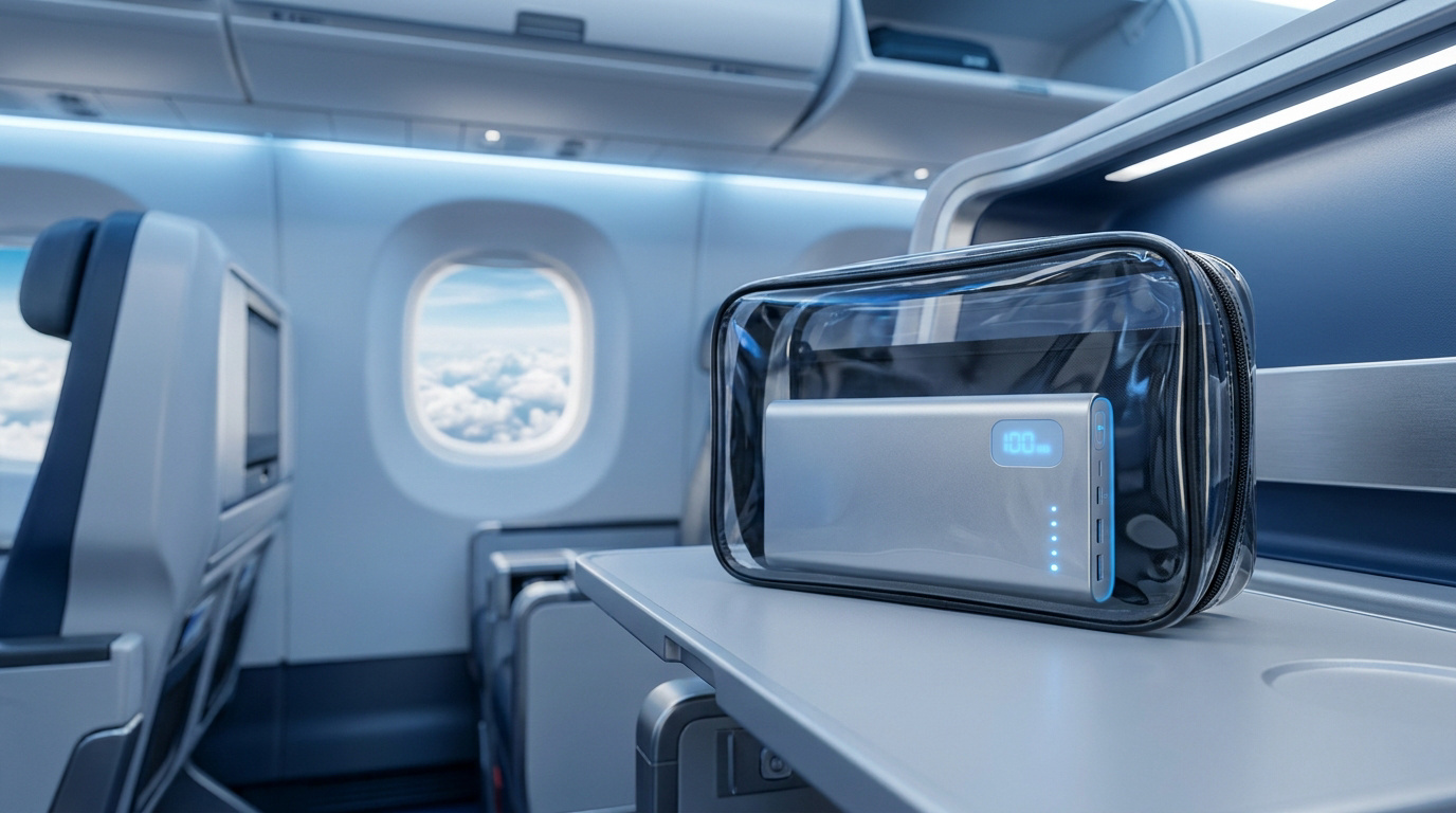 Une batterie externe dans une pochette transparente sur la tablette d'un siège d'avion, avec des nuages en arrière-plan.