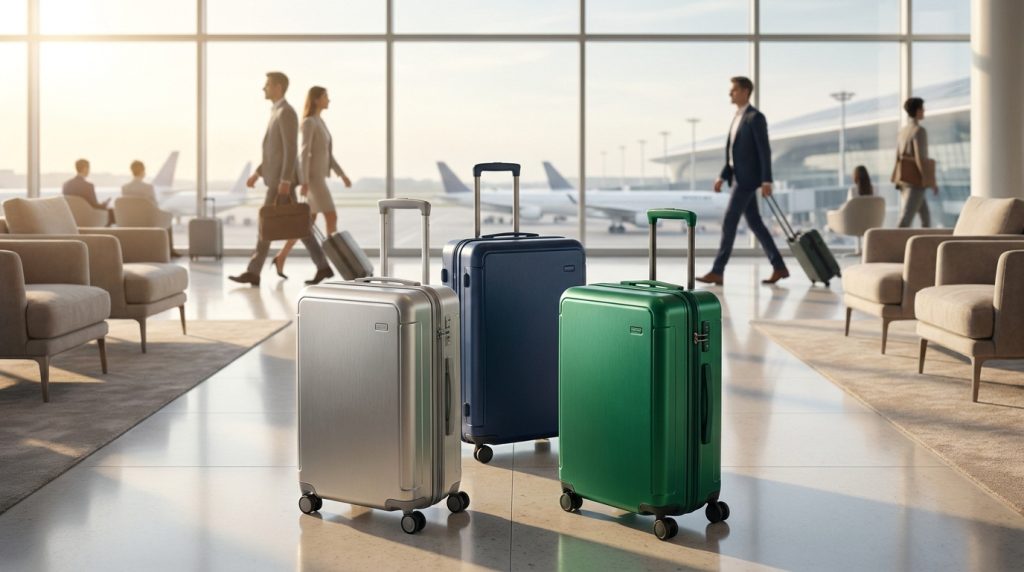 Trois valises cabine rigides (argentée, bleue, verte) debout dans un terminal d'aéroport lumineux.