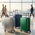 Trois valises cabine rigides (argentée, bleue, verte) debout dans un terminal d'aéroport lumineux.