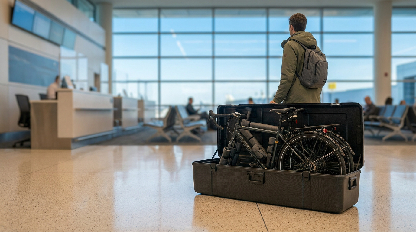 Un voyageur debout à l'aéroport avec un vélo de route protégé dans une valise rigide ouverte.