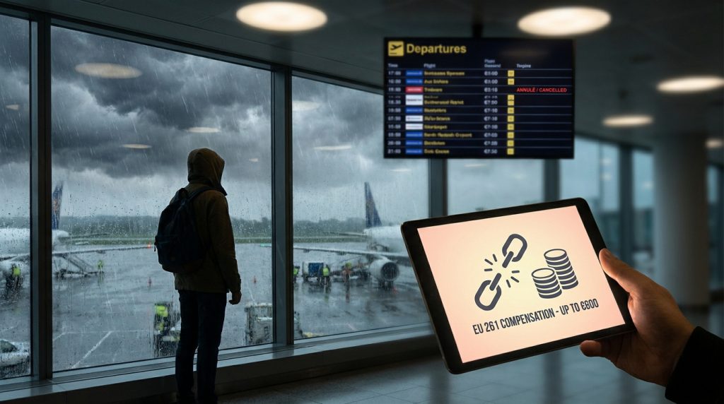 Voyageur devant une baie vitrée d'aéroport sous la pluie, tenant une tablette affichant une indemnisation de vol.