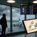 Voyageur devant une baie vitrée d'aéroport sous la pluie, tenant une tablette affichant une indemnisation de vol.