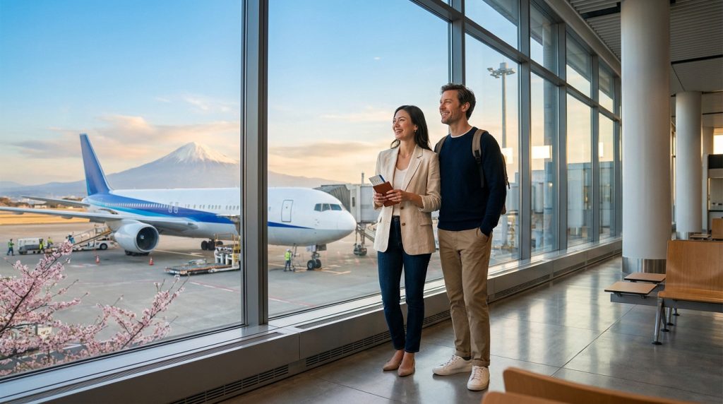 Un couple souriant regarde un avion devant le Mont Fuji depuis le terminal d'un aéroport.