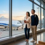Un couple souriant regarde un avion devant le Mont Fuji depuis le terminal d'un aéroport.