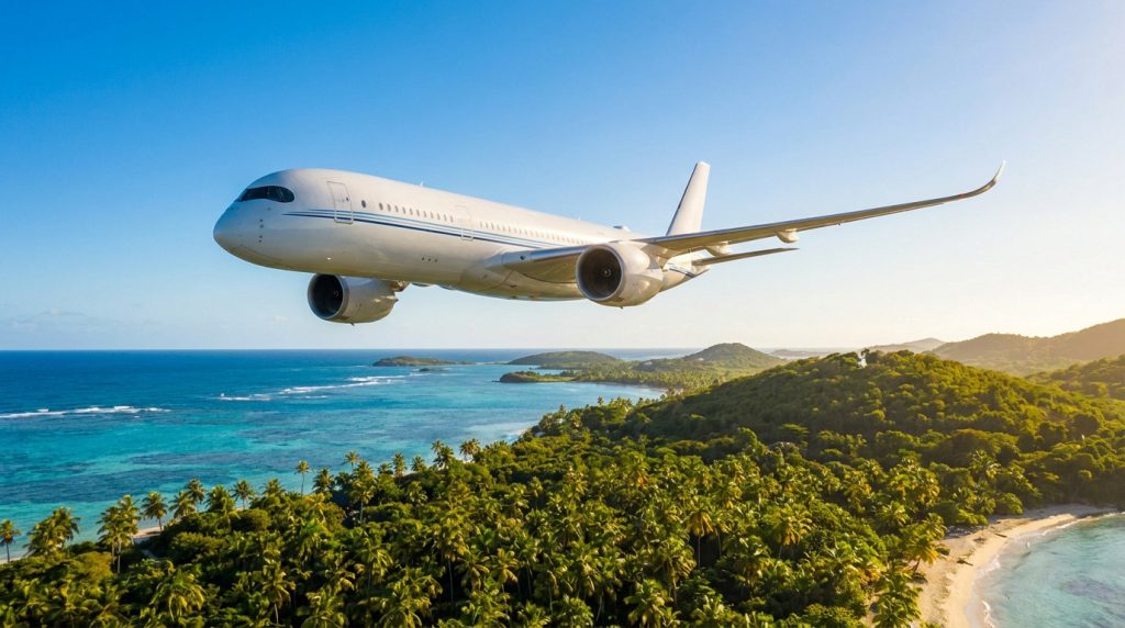 Un avion de ligne survole une île tropicale luxuriante bordée par une mer turquoise sous un ciel bleu clair.