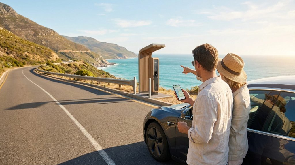 Un couple vérifie un itinéraire sur smartphone devant une borne de recharge pour voiture électrique au bord de l'océan.