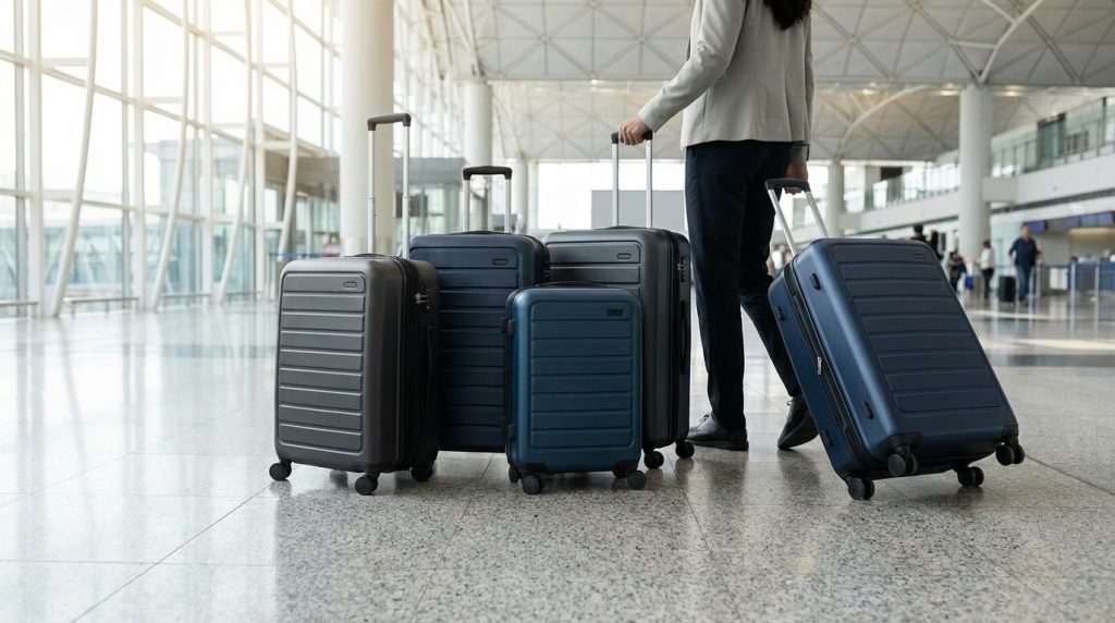Voyageuse marchant dans un aéroport avec plusieurs valises à roulettes modernes.