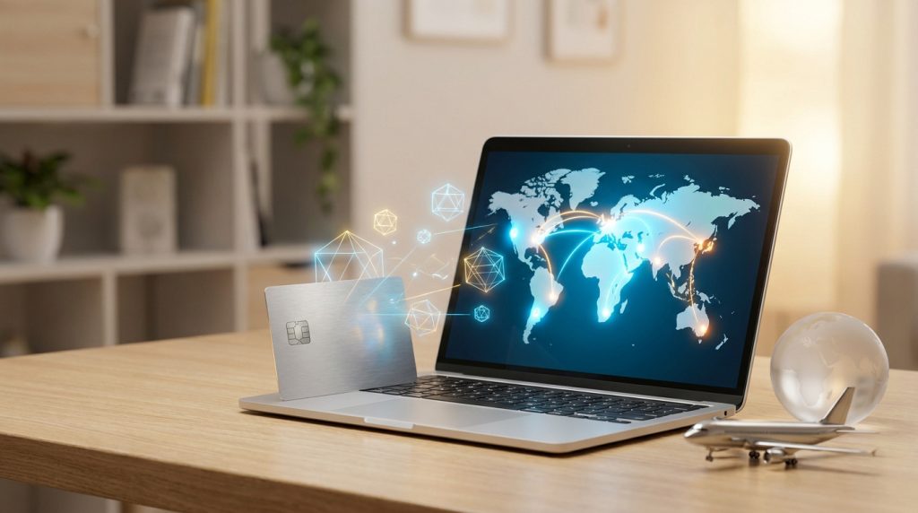 Ordinateur portable avec carte bancaire et carte du monde lumineuse, évoquant les voyages et la gestion de miles.