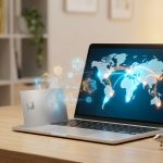 Ordinateur portable avec carte bancaire et carte du monde lumineuse, évoquant les voyages et la gestion de miles.