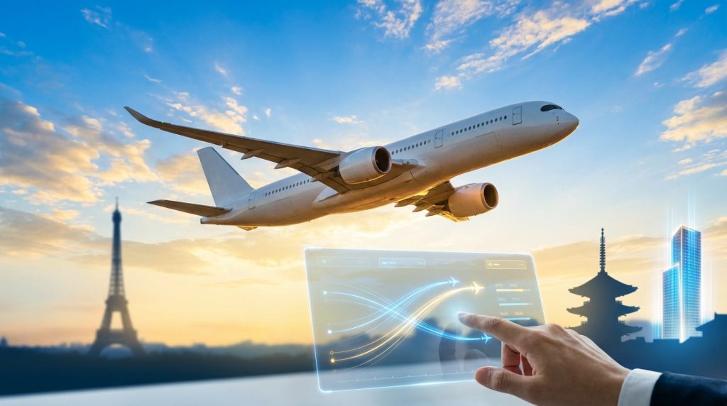 Avion de ligne volant au-dessus d'une interface numérique reliant Paris et Tokyo au coucher du soleil.
