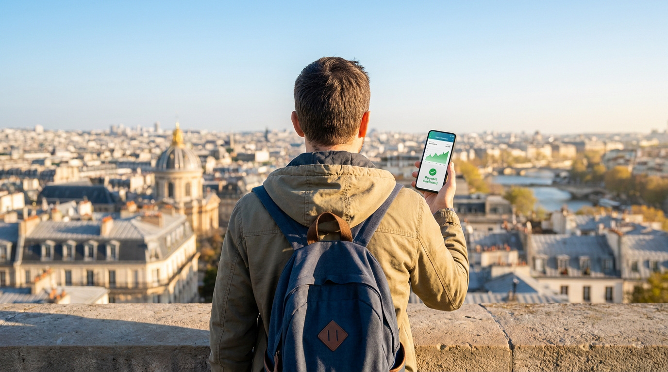 Un voyageur avec un sac à dos regarde Paris depuis une hauteur en tenant un smartphone affichant une application bancaire.