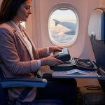 Une femme assise dans un avion tenant son appareil d'apnée du sommeil sur sa tablette devant une fenêtre.