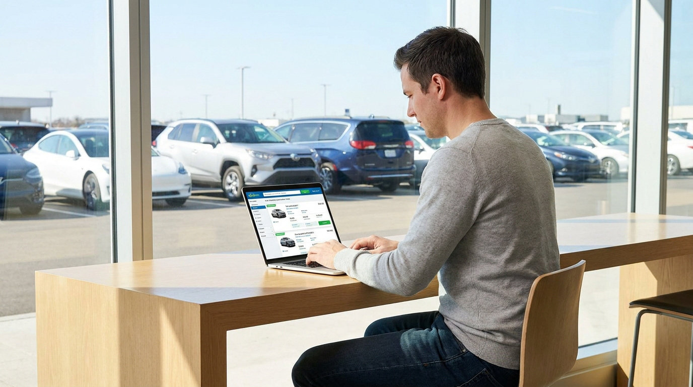Un homme utilise un comparateur de location de voiture sur son ordinateur portable devant une vitrine de concessionnaire.
