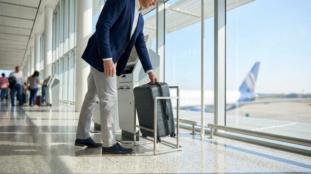 Un passager teste les dimensions de sa valise cabine dans un gabarit à l'aéroport avec un avion en arrière-plan.