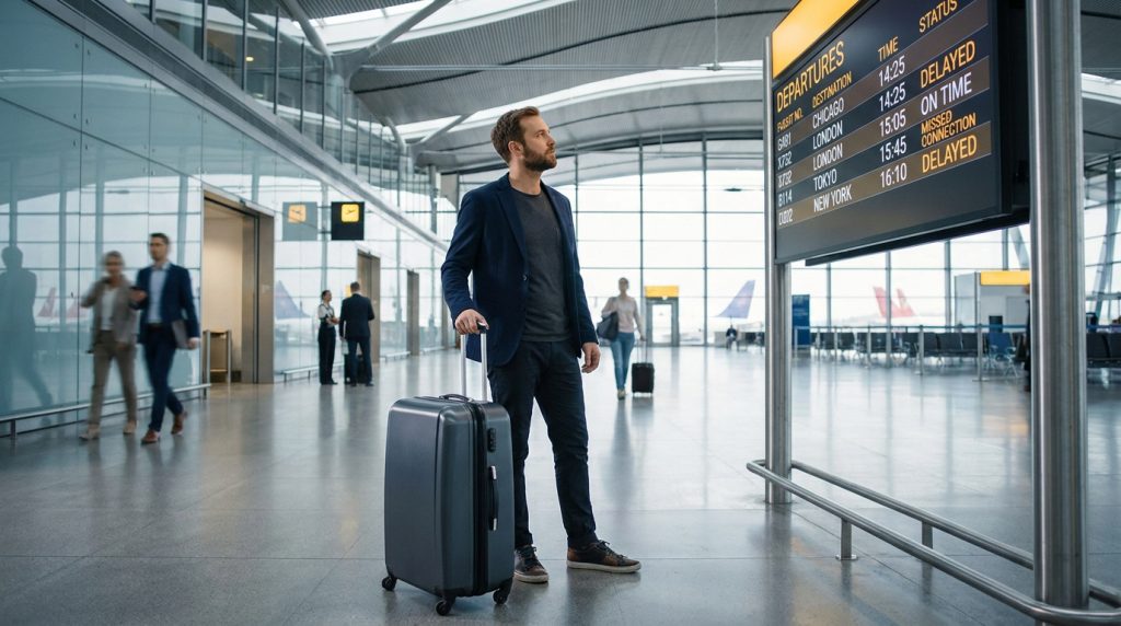 Un homme d'affaires avec une valise regarde les panneaux des départs dans un aéroport moderne.