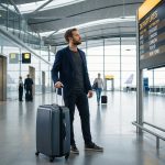 Un homme d'affaires avec une valise regarde les panneaux des départs dans un aéroport moderne.