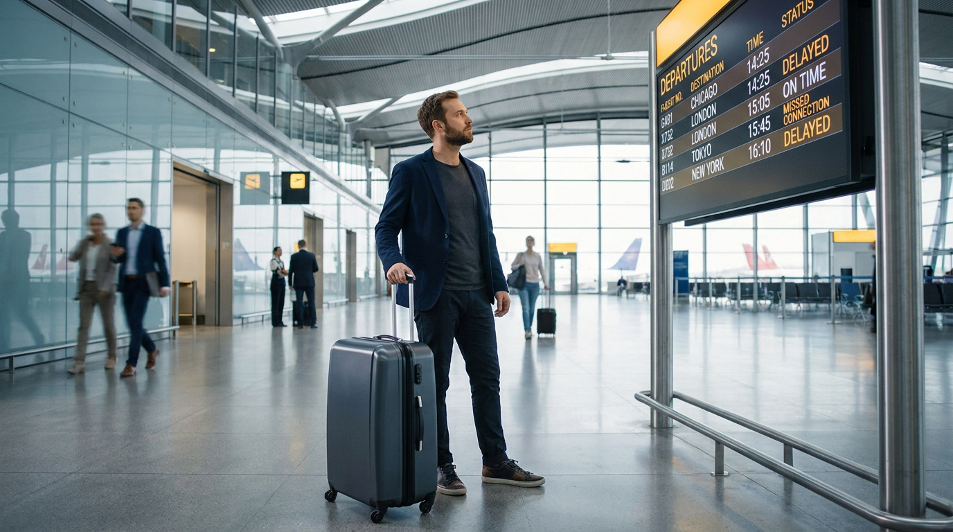 Un homme d'affaires avec une valise regarde les panneaux des départs dans un aéroport moderne.
