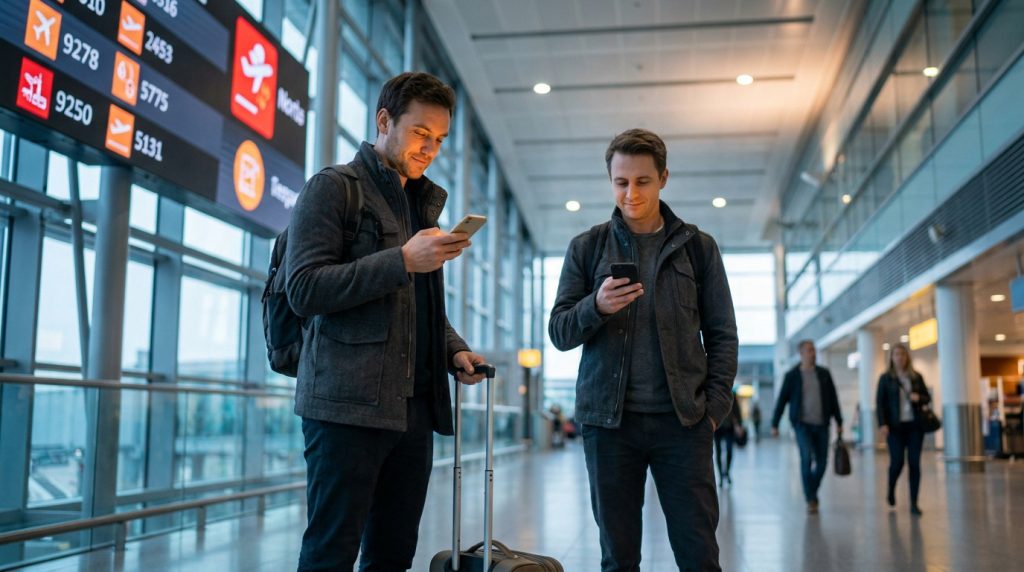 Deux hommes attendent dans un aéroport devant un panneau d'affichage des vols en consultant leurs smartphones.