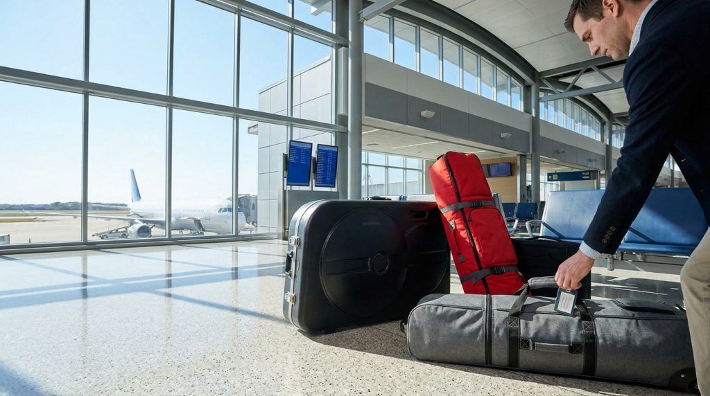 Un voyageur avec des sacs de sport volumineux dans un terminal d'aéroport avec des avions visibles en arrière-plan.