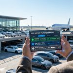 Un homme utilisant une tablette transparente pour comparer des tarifs de parking d'aéroport avec des avions en arrière-plan.