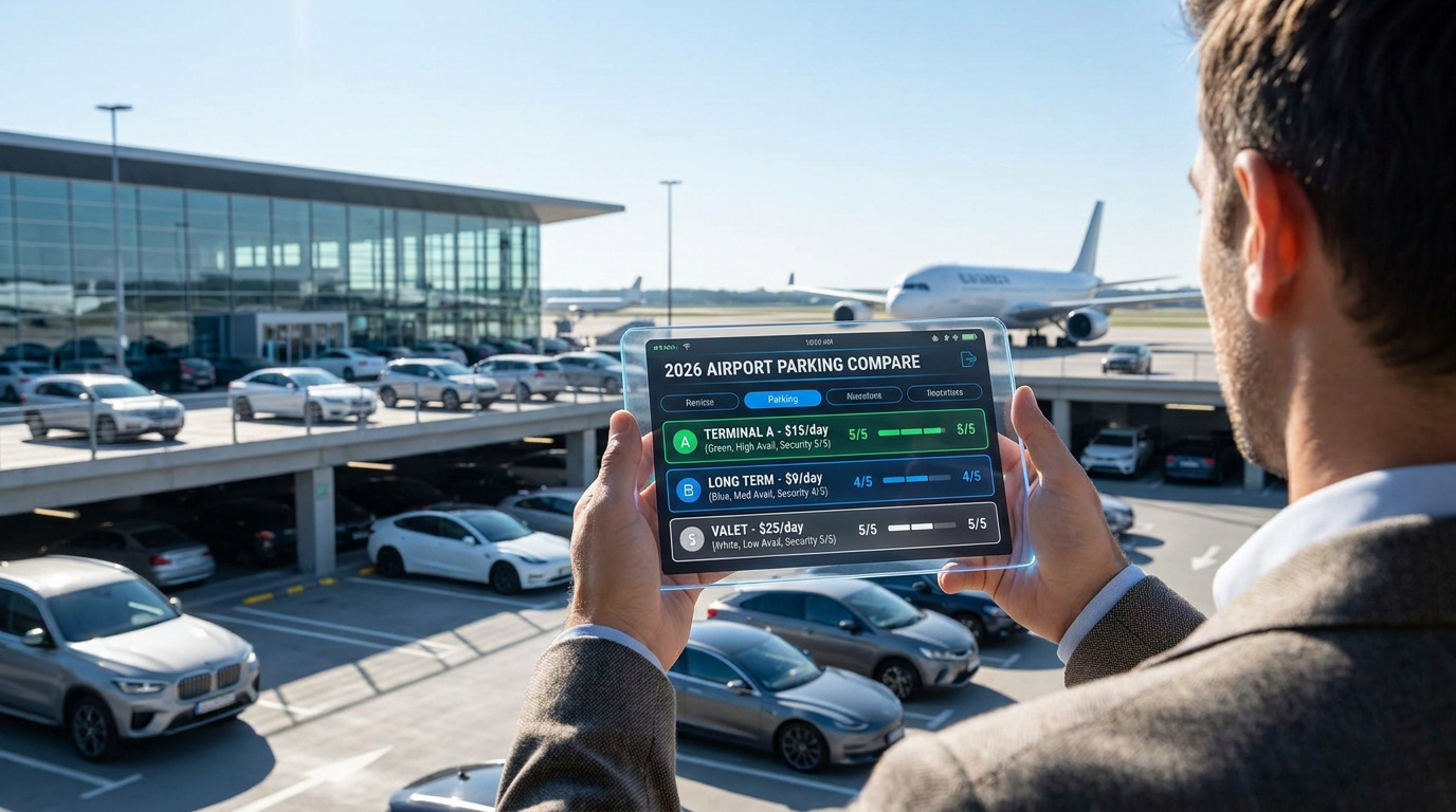 Un homme utilisant une tablette transparente pour comparer des tarifs de parking d'aéroport avec des avions en arrière-plan.