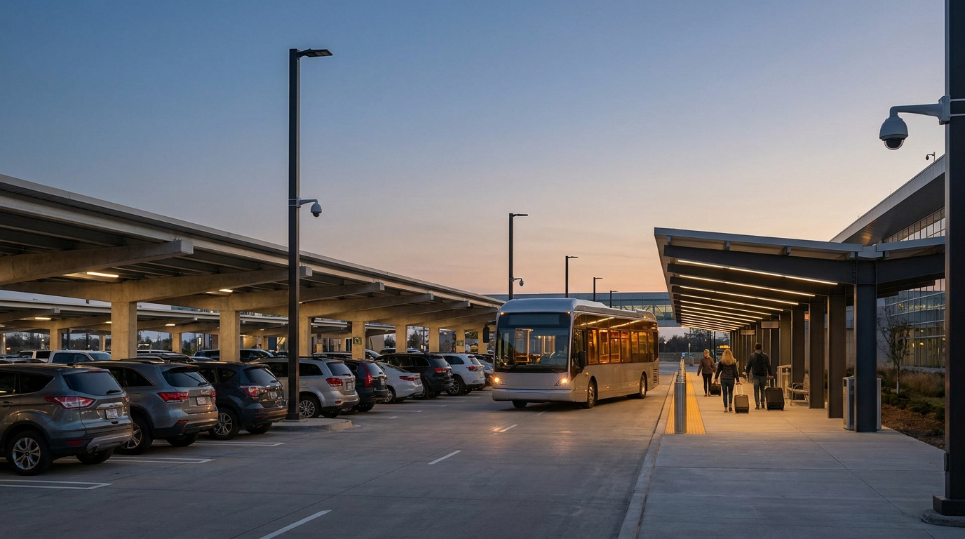 Des voyageurs avec des valises marchent sur un trottoir éclairé d'un parking d'aéroport avec des caméras de surveillance.