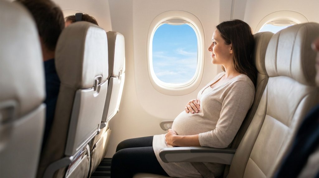 Une femme enceinte souriante assise près du hublot dans un avion, tenant délicatement son ventre.