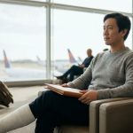 Un homme asiatique assis dans une salle d'embarquement d'aéroport avec une jambe dans un plâtre blanc.