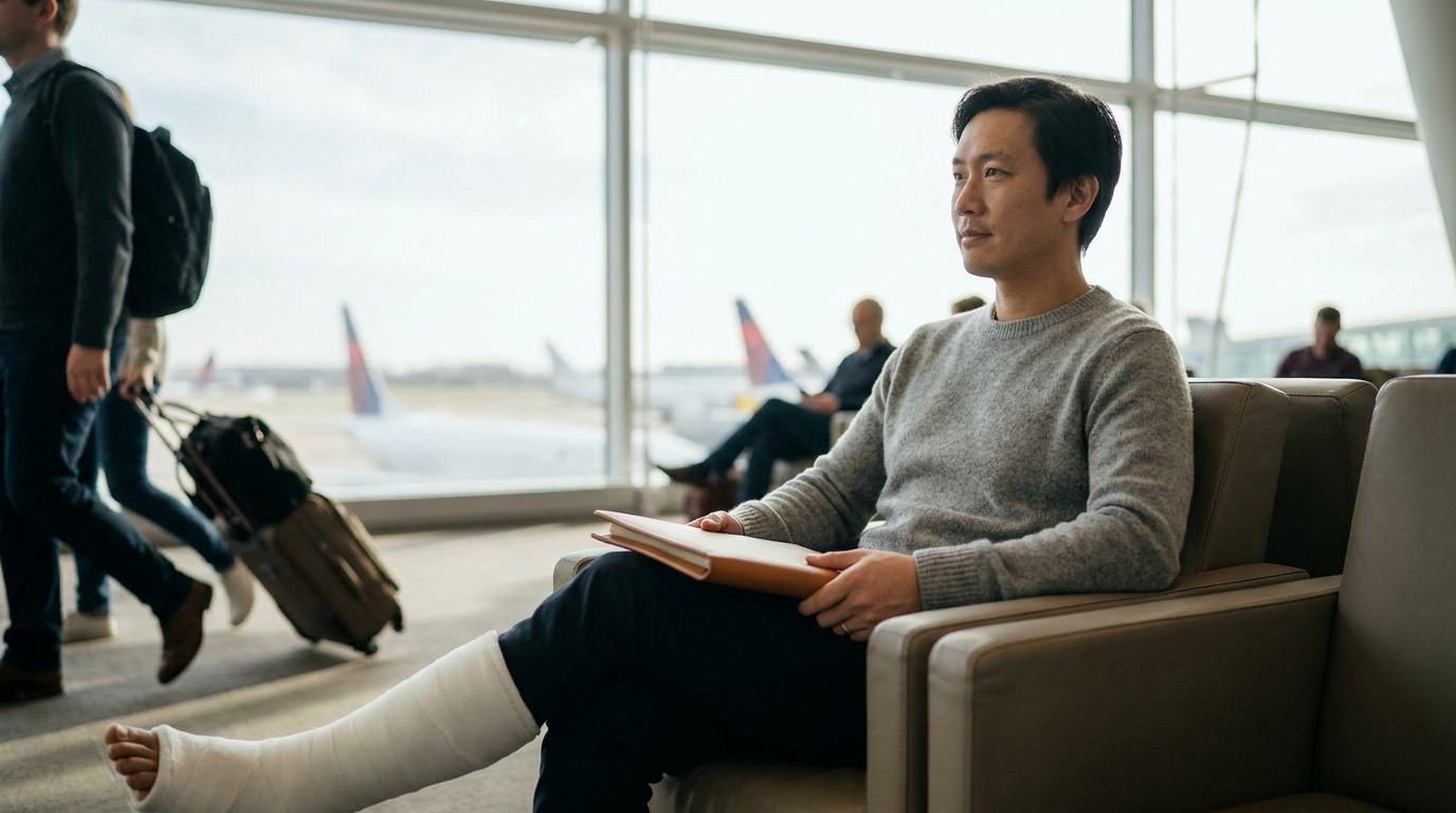 Un homme asiatique assis dans une salle d'embarquement d'aéroport avec une jambe dans un plâtre blanc.