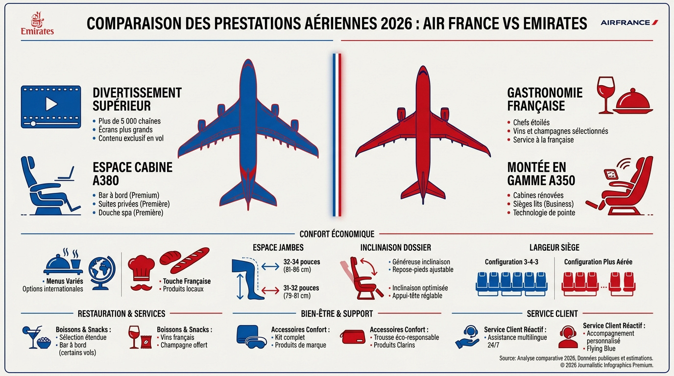 Comparaison des cabines économie Air France et Emirates pour un vol vers Dubaï en 2026