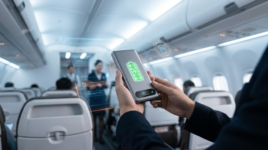 Passager tenant une batterie externe avec des données holographiques dans la cabine d'un avion.