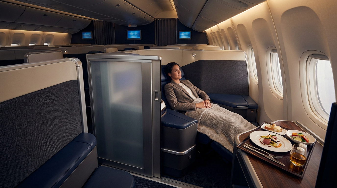 Passagère détendue dans une suite privée en classe affaires Air France, avec un repas gastronomique devant elle.