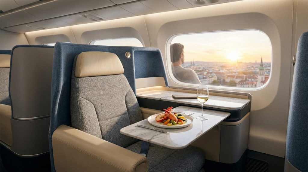 Vue intérieure d'une cabine d'avion luxueuse avec un repas gastronomique et un passager contemplant le coucher du soleil.