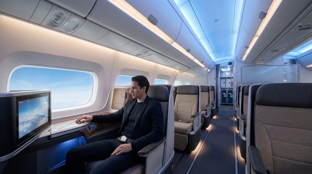 Un passager assis dans un siège spacieux et moderne de classe affaires Lufthansa en plein vol.