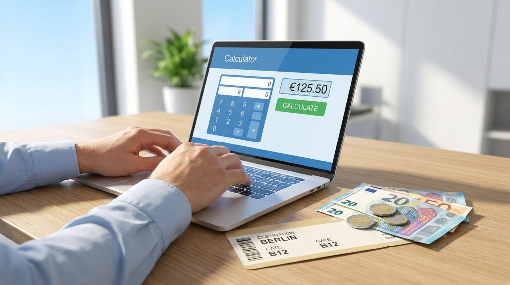 Personne utilisant un ordinateur pour calculer le remboursement de taxes sur un billet d'avion vers Berlin.