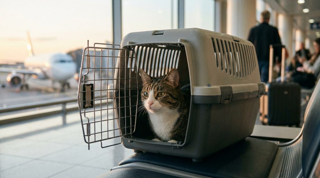 Un chat tabby dans une cage de transport placée sur un siège d'aéroport avec un avion visible par la fenêtre.
