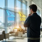 Un voyageur à l'aéroport hésitant devant un écran holographique comparant deux options de vol avec des prix différents.