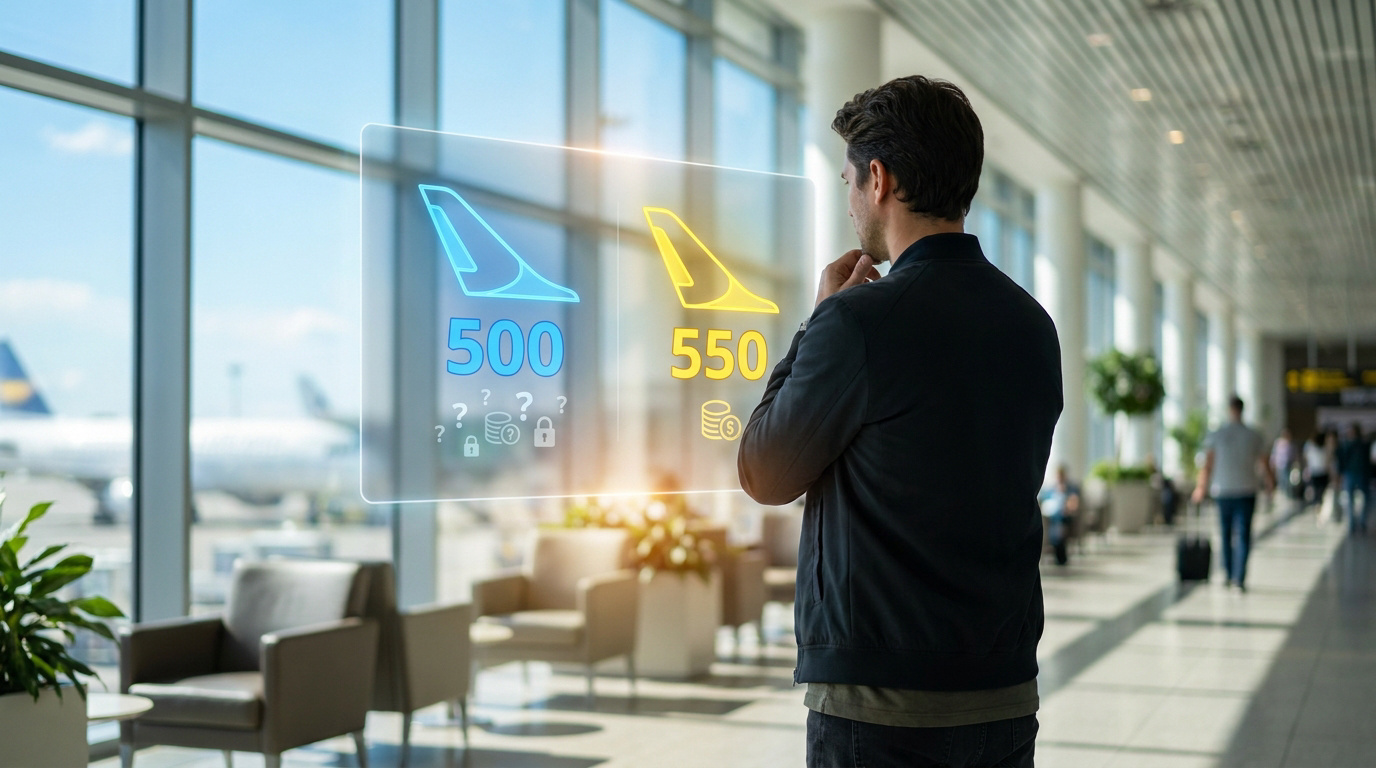 Un voyageur à l'aéroport hésitant devant un écran holographique comparant deux options de vol avec des prix différents.