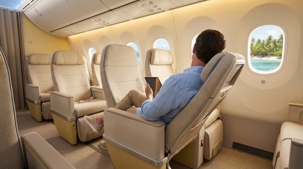 Un passager se détend dans un siège d'avion confortable avec vue sur une plage tropicale par le hublot.