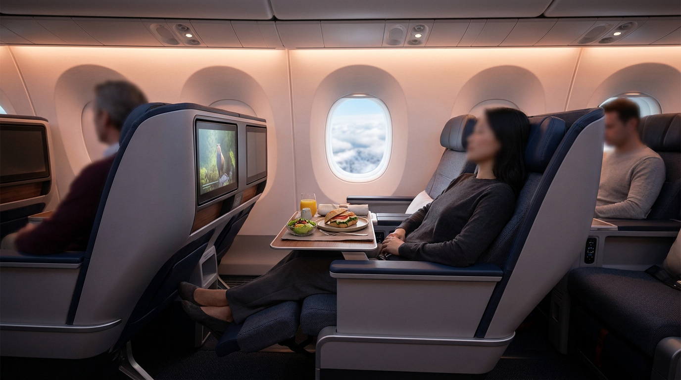 Passagers installés dans la cabine Club d'un avion Air Transat, profitant d'un repas et d'écrans individuels.