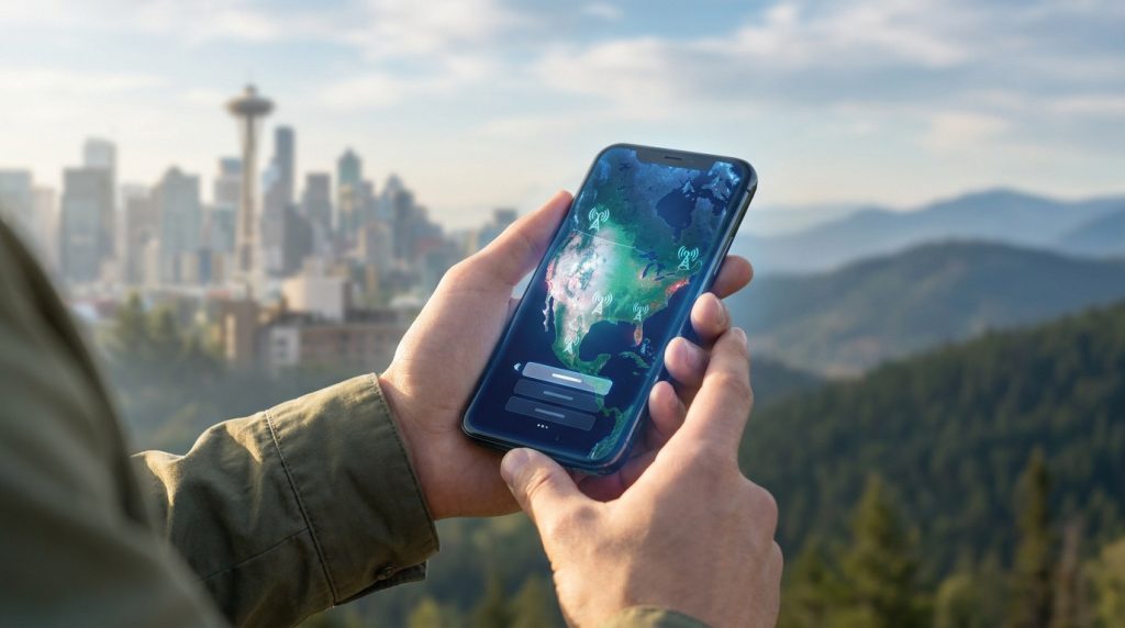 Mains tenant un smartphone affichant une carte des États-Unis avec des icônes de réseau devant une ville américaine.