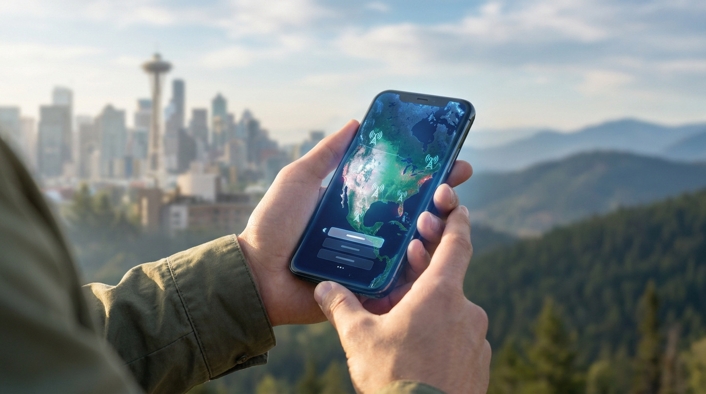 Mains tenant un smartphone affichant une carte des États-Unis avec des icônes de réseau devant une ville américaine.