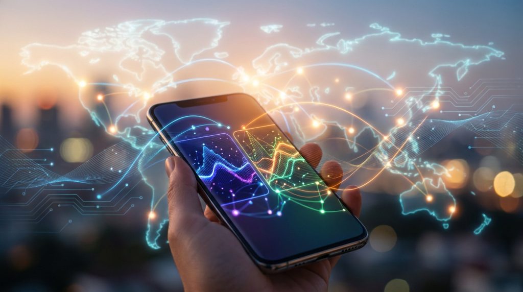 Main tenant un smartphone avec une carte du monde numérique et des connexions lumineuses en arrière-plan.