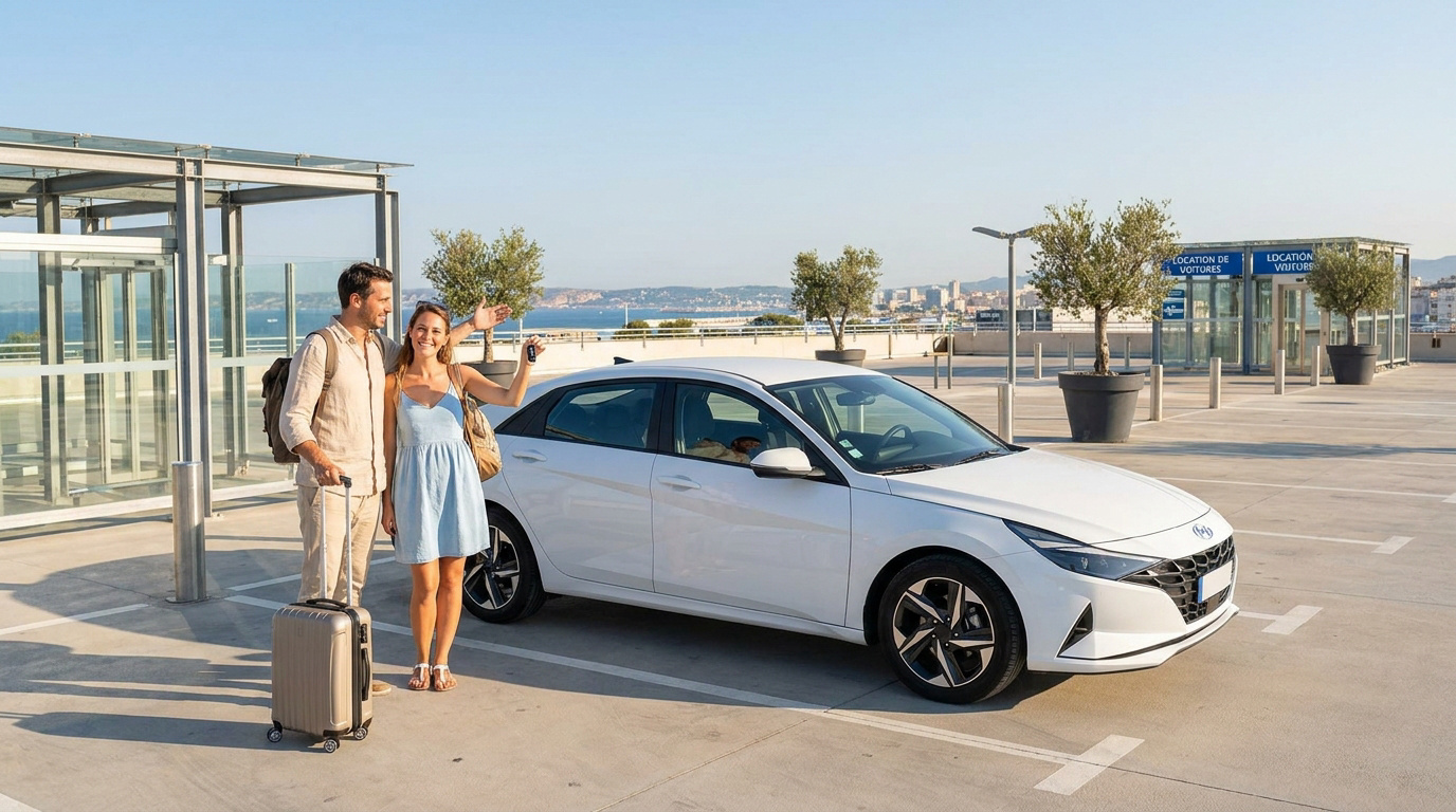 Un couple heureux récupère sa voiture de location dans un parking extérieur à Marseille avec ses bagages.