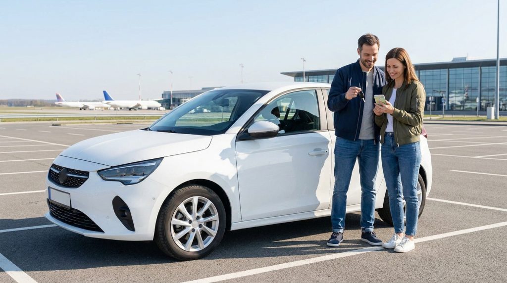 Un couple souriant récupère une voiture de location blanche sur le parking d'un aéroport.