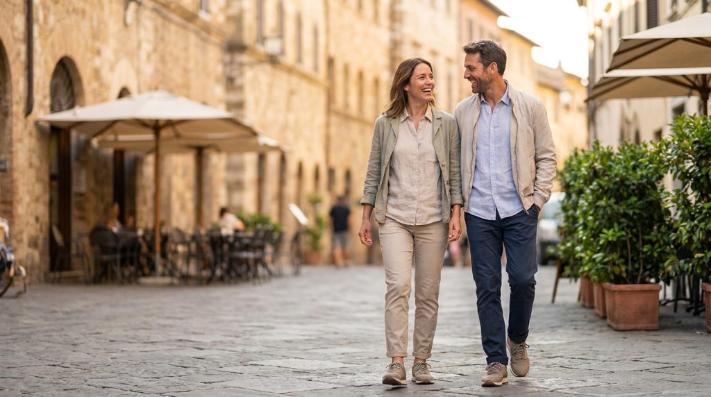 Couple souriant marchant dans une rue pavée typique d'un village italien ensoleillé.