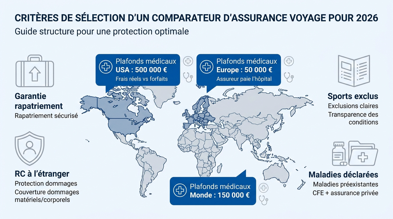 Quel est le meilleur comparateur d'assurance voyage en 2026 ? 31 Critères de sélection pour choisir une assurance voyage en 2026 incluant plafonds médicaux et assistance