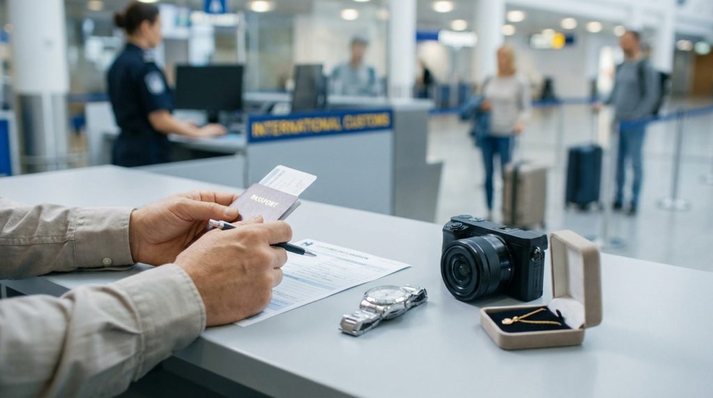 Gros plan sur les mains d'un voyageur remplissant un formulaire de douane avec un appareil photo et des bijoux à côté.