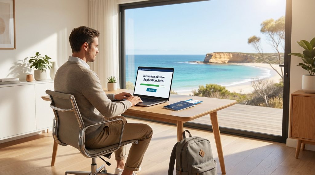 Un homme remplit sa demande de visa eVisitor pour l'Australie sur un ordinateur face à une vue sur la mer.